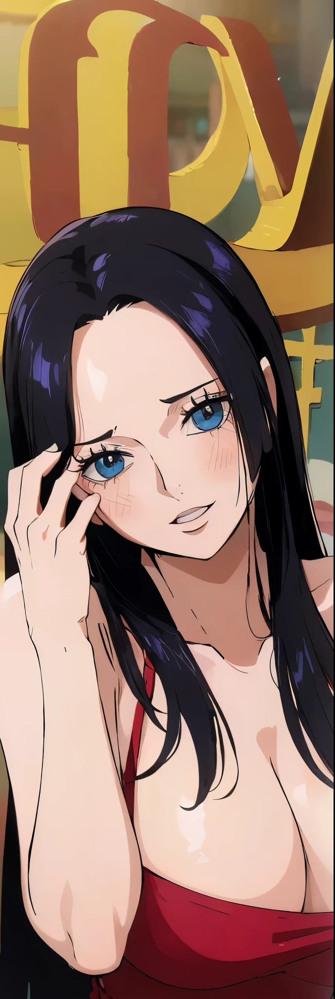 (((obra de arte))), (((Melhor qualidade))), ((ultra-detalhado)), (highly detailed CG illustration), Boa Hancock, (nsfw:1.4), (obra de arte:1.5), foto detalhada, sorridente, sensual, (Melhor qualidade: 1.4), (1 garota), lindo Face, (cabelo preto, cabelo longo: 1.3), lindo Hairstyle, Lindos olhos detalhados, (Pele realista), pele bonita, absurdo, Atraente, Ultra high resolution, High definition, (sexualmente excitado:1.5), pele branca rosada, luz branca fria, pose sexy, (seios lindo, mamilos aparecendo, decote aparente), fundo branco, luz branca suave rosa, Use uma blusa branca trasparente, (Bukkake:1.8), {dentro do quarto|exteriores|fundo simples},(No shoulder strap:1.3),(drunk:1.7)) (cabelo ondulado:0.8), cabelo preto,(olhos azuis),Seios grandes,Sorriso, (Ficar com o rosto vermelho:1.4),looks at the camera,