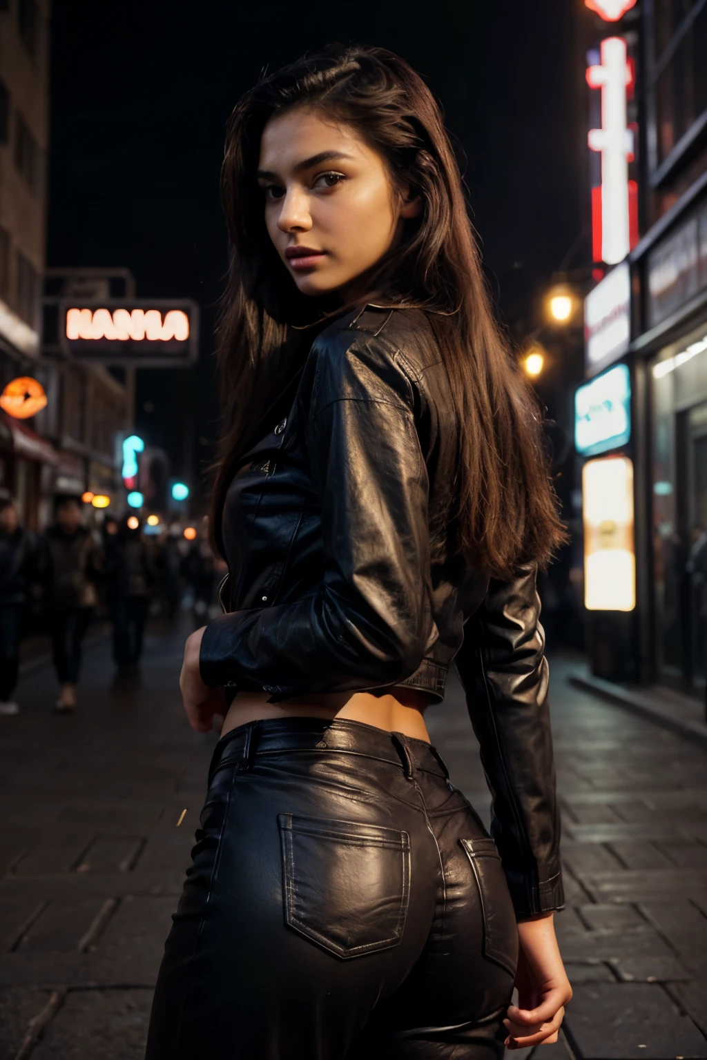 (Masterpiece, Top Quality, Best Quality, Beautiful and Aesthetic:1.2), A tight-fitting leather jacket with figure-hugging trousers as you wander through the vibrant nightlife of a cosmopolitan city, surrounded by neon-lit streets and lively sounds, 18 years old, Perfect Body, Perfect rare face, (very detailed skin), black colored long hair, Skin texture, Sharp focus on rare face, Perfect brown eyes, (Photorealistic), Film grain, name Samira, 