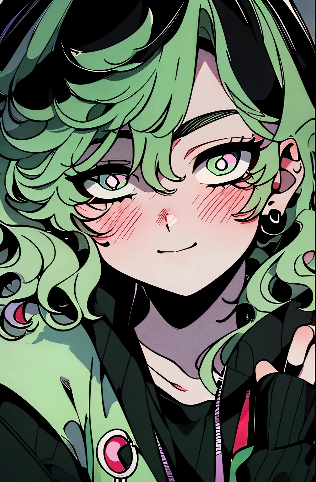 (highest quality, masterpiece, 4k, finely detailed, detailed eyes, detailed face, gelbooru, pixiv)), warm lighting, ((solo)), 1 male, handsome, feminine, adult male, broad shoulders, closeup of face, ((no chin hair)), portrait, slight blush on cheeks, smiling, looking at viewer, ((lazy eyes, half-lidded, eyebags under eyes, violet eyes with white pupils)), wearing modern clothing,White hoodie with grean jeans jacket on top, black slack pants, standing, hands with peace sign, ((mint green hair, shoulder length hair, wolfcut hairstyle, wavy hair)), city background