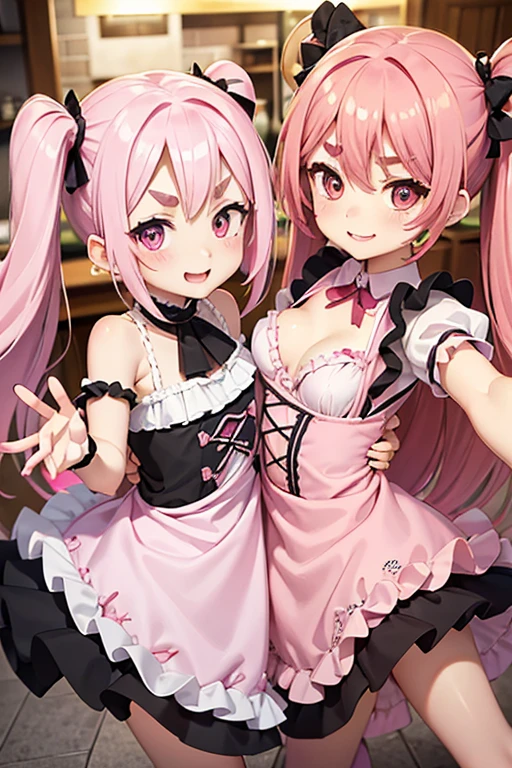 Girls with pink hair, long double-tailed hairstyle, ((small pink bushy eyebrows)), wearing lolita clothing, marked vagina, lolicon (Zankuro) drawing style by zankuro artist, Zancro style, image uploaded to R34, flirty smile, take a selfie from below, close-up, (( showing pubes )) in restaurant ((grabbing breast each other))