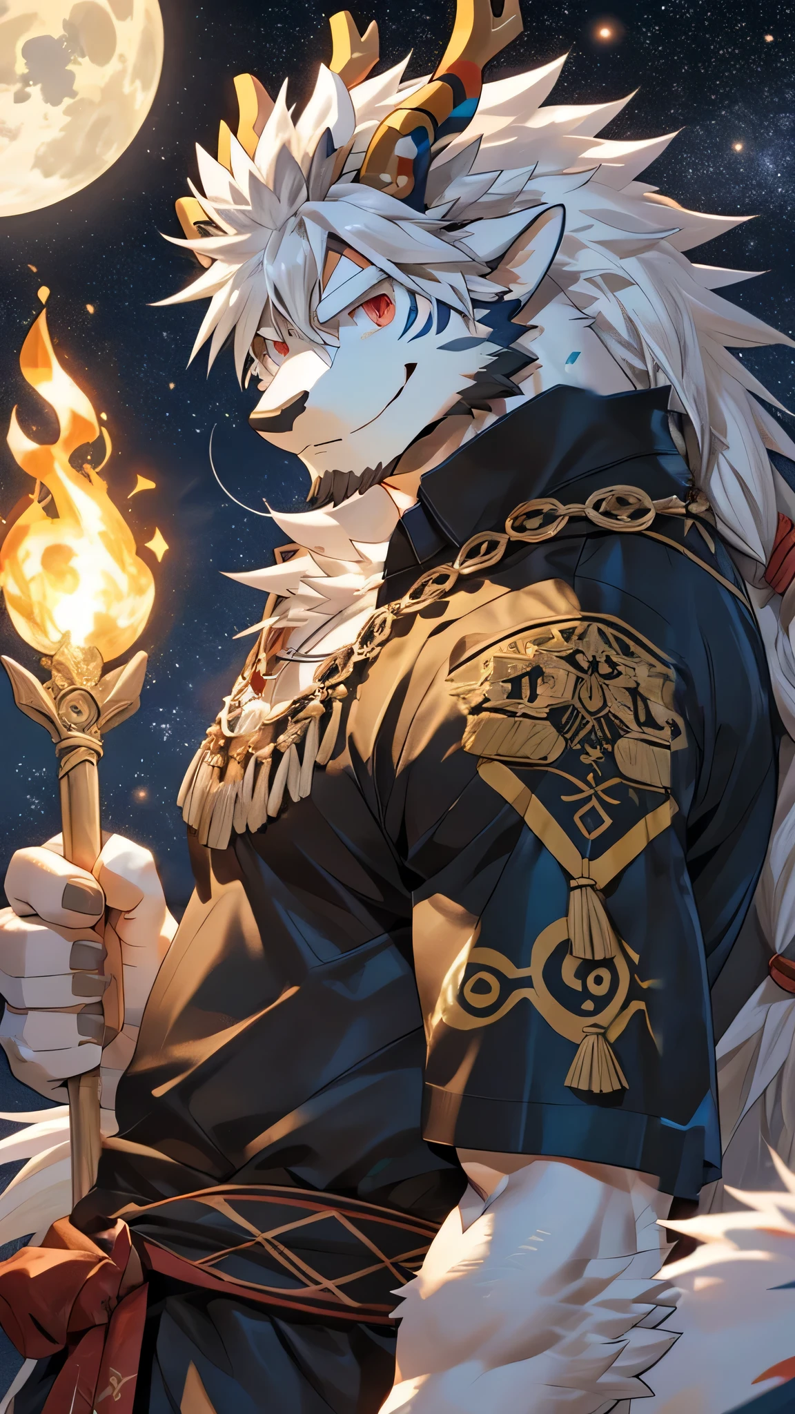 Solo, dragon, white dragon, eastern dragon male, gray hair, white body fur, muscular male, elder male, light red eyes, wearing pure black T-shirt, gray fur tuft, eastern necklace, star night background, ( by Sollyz, masterpiece, 8k, hd), Looking at viewer, smiling, detailed face, detailed eyes, detailed hair, detailed muscles, detailed clothes, Genshin