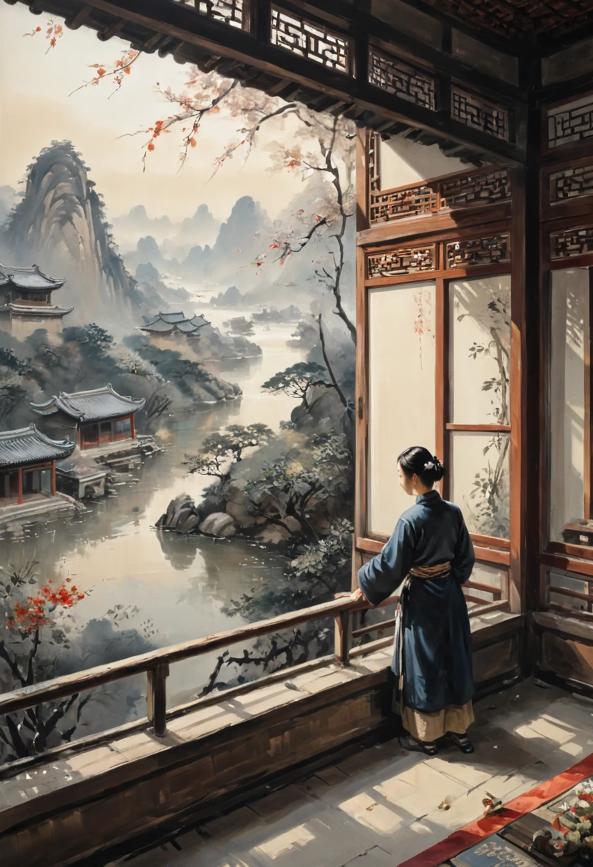 View Outside the Window from inside, by xu beihong, (masterpiece, best quality, perfect composition, very aesthetic, absurdres, ultra-detailed, intricate details, Professional, official art, Representative work:1.3)