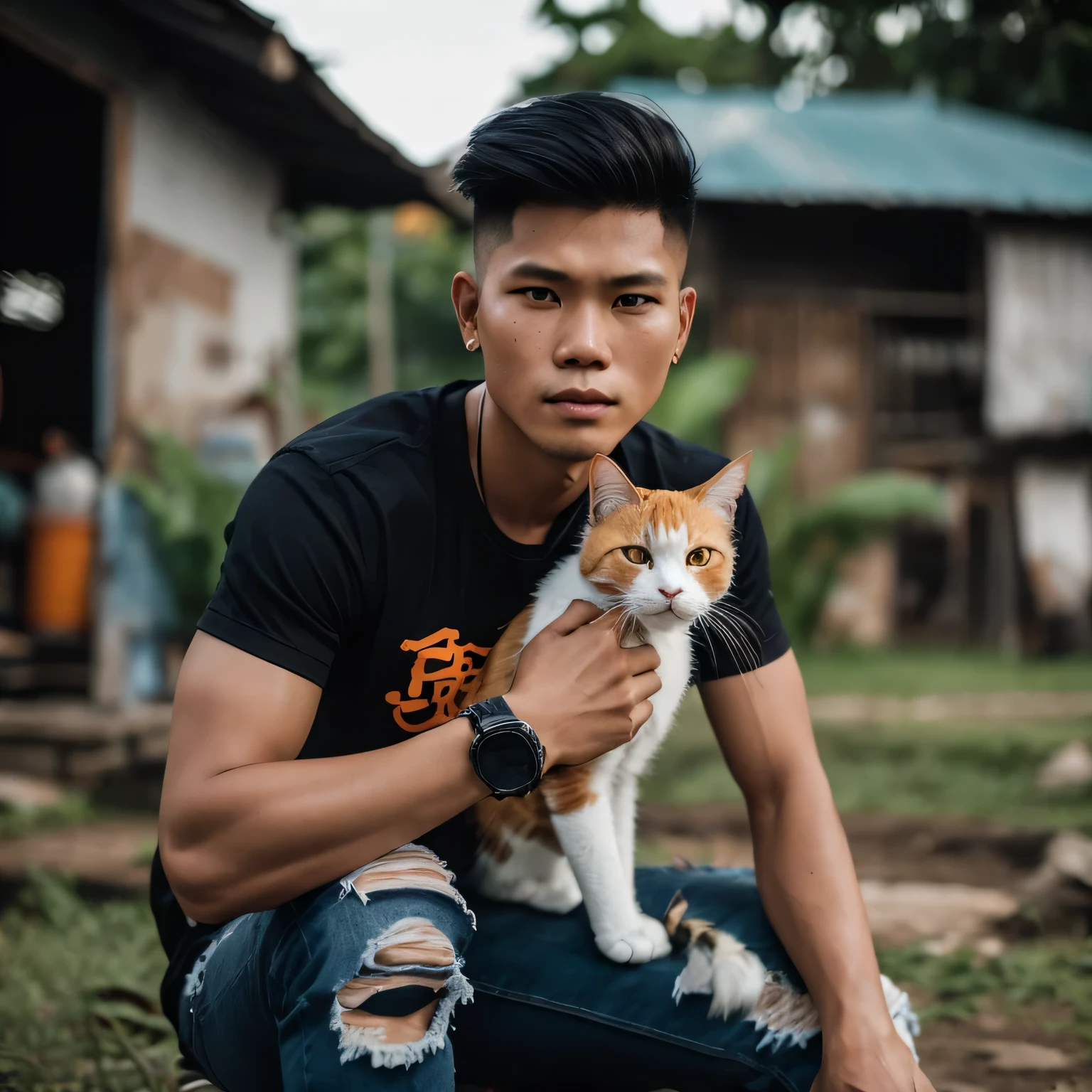 Indonesian man young, natural undercut mullet, takin selfie with cat orange, clear face details facing front. black shirt, torn jeans, white shoes, on his shirt is the writing ,ANRE TINDRO BAWANG IJAMA.desa , sawah , background , HD , real photo