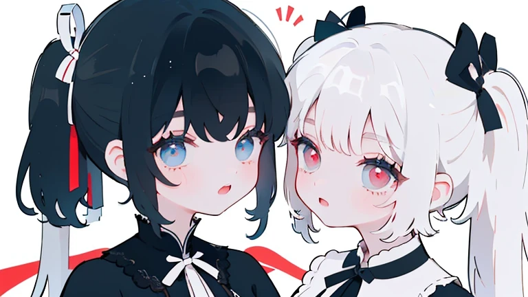 2 people、A good friend、girl、Girls Love、face to face、white hair、half twin tail、red eyes、black dress、black ribbon、angelic beauty、beautiful、black hair、blue eyes、white dress、white ribbon、Flawless、