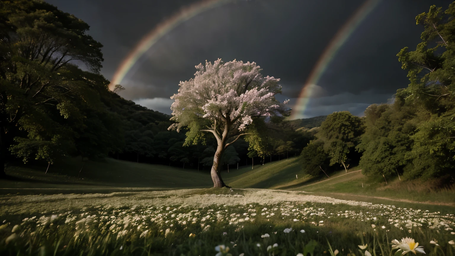 Crie uma floresta realista, dia chuvoso, atmosfera relaxante, uma arvore com flores com o logo do youtube, garota com guarda chuva ao longe curtindo a paisagem, sol se pondo junto a chuva, rainbow in the almost night sky
