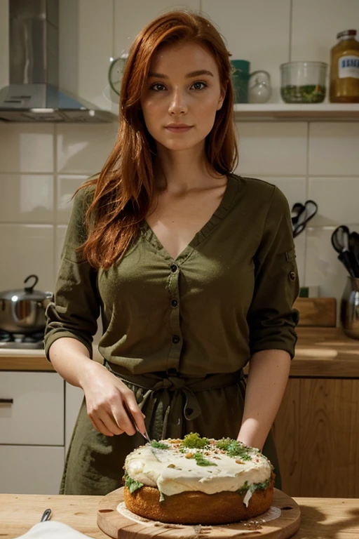 une femme de 25 ans, rousse aux yeux verts, ne portant simplement qu'un tablier de cuisine et cuisinant un gateau