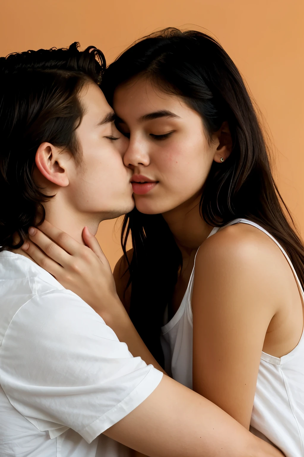A boy and a girl kissing each other on the lips and he has his hands behind her neck with her hair over his arm, without seeing your face with warm color tones and at the same time with little light around