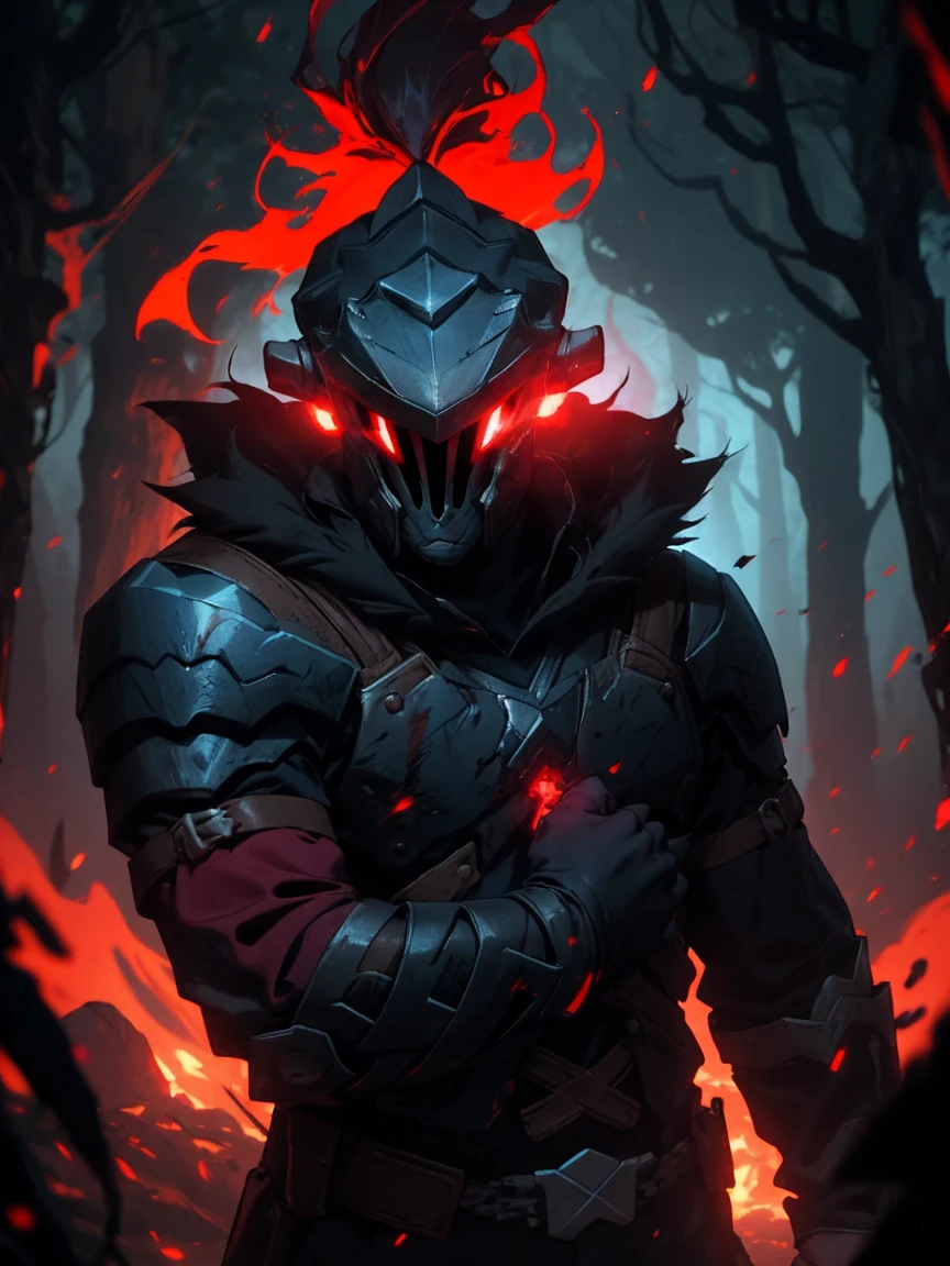 (detailed mask:1.2),(oscuro,demonio) atmosphere,(misterioso,Ominoso,arenoso) textura,1 personaje, goblin slayer, rojos brillantes,pale skin,hunting,overgrown oscuro forest,Ominoso moonlight,Niebla densa,ambiente espeluznante,esquema de color rojo sangre,sombras inquietantes,niebla espeluznante,genero de terror,de pesadilla,dynamic lighting,alto contraste,ethereal feeling,vivid colors