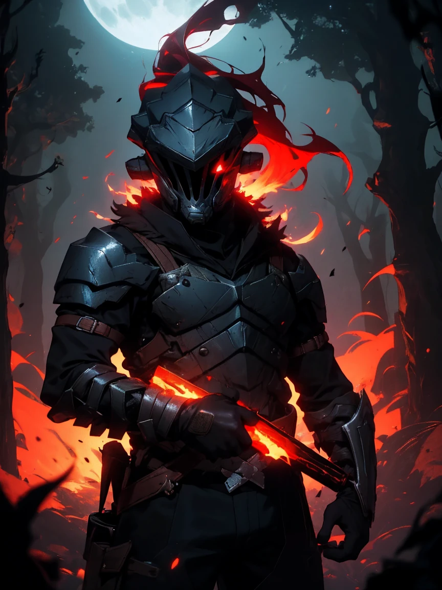 (detailed mask:1.2),(oscuro,demonio) atmosphere,(misterioso,Ominoso,arenoso) textura,1 personaje, goblin slayer, rojos brillantes,pale skin,hunting,overgrown oscuro forest,Ominoso moonlight,Niebla densa,ambiente espeluznante,esquema de color rojo sangre,sombras inquietantes,niebla espeluznante,genero de terror,de pesadilla,dynamic lighting,alto contraste,ethereal feeling,vivid colors