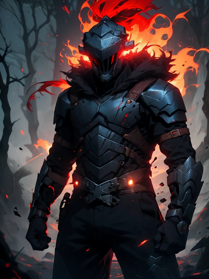 (detailed mask:1.2),(oscuro,demonio) atmosphere,(misterioso,Ominoso,arenoso) textura,1 personaje, goblin slayer, rojos brillantes,pale skin,hunting,overgrown oscuro forest,Ominoso moonlight,Niebla densa,ambiente espeluznante,esquema de color rojo sangre,sombras inquietantes,niebla espeluznante,genero de terror,de pesadilla,dynamic lighting,alto contraste,ethereal feeling,vivid colors