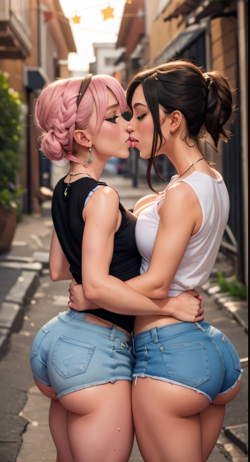 Two women having fun in a back alley, lewd: 1,2, : 1,2, NSFW: 1,2, lesbian micah: 1,2, grabbing each other's ass, kissing, blushing, wet sleeveless t-shirt, shorts, anatomically correct