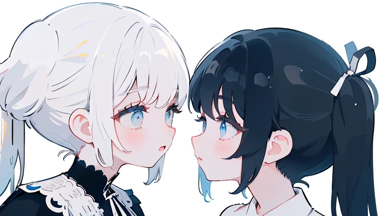 2 people、A good friend、girl、Girls Love、face to face、white hair、Long half pigtails、long hair赤い瞳、black dress、black ribbon、angelic beauty、beautiful、black hair、not tied、long hair、blue eyes、white dress、white ribbon、Flawless、