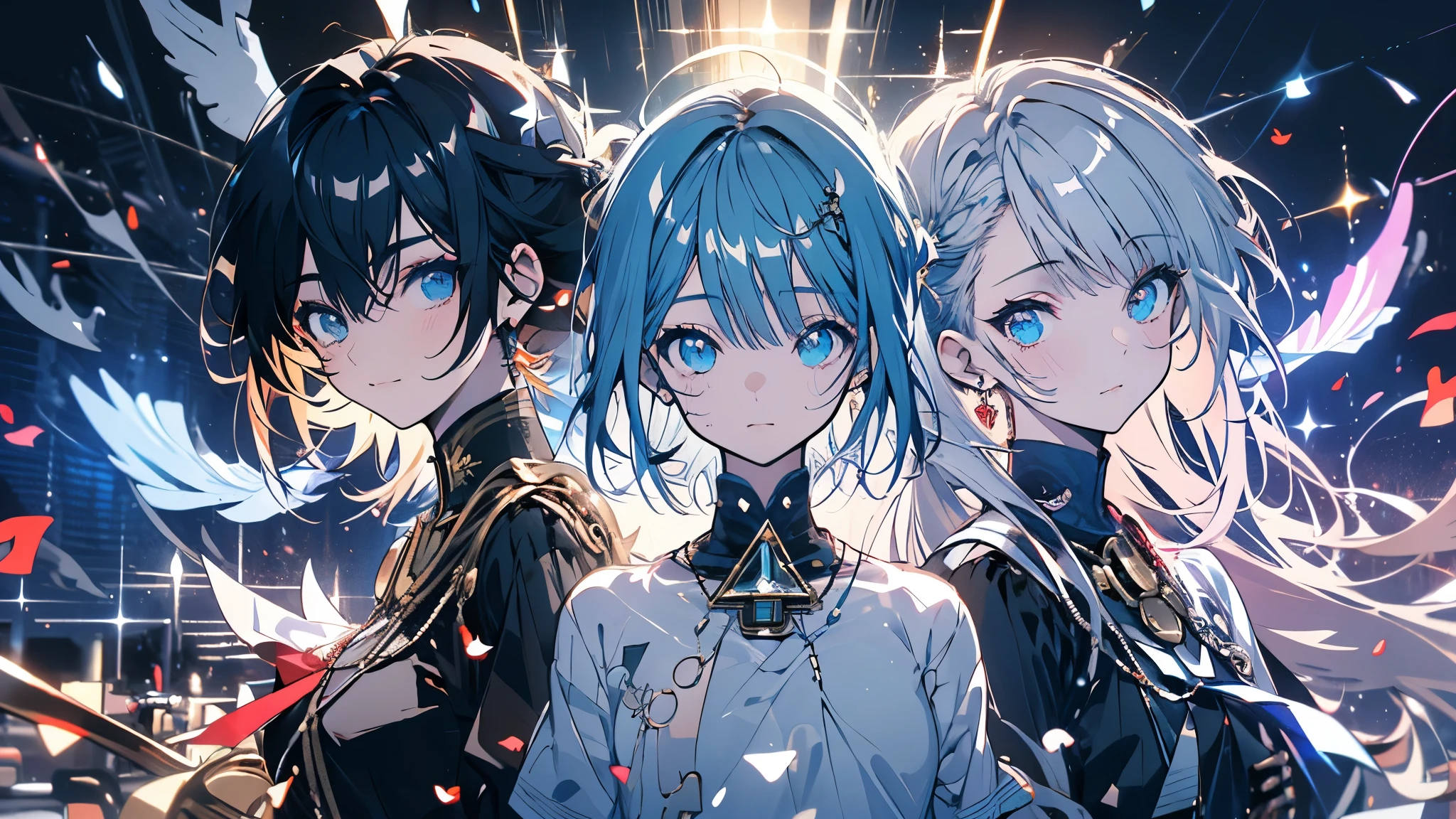 There are four people lined up. The first is a red-haired woman with a one-handed sword. The second is a blue-haired man with a tank. The third is a black-haired wizard of unknown gender. The fourth is a yellow-haired healer.