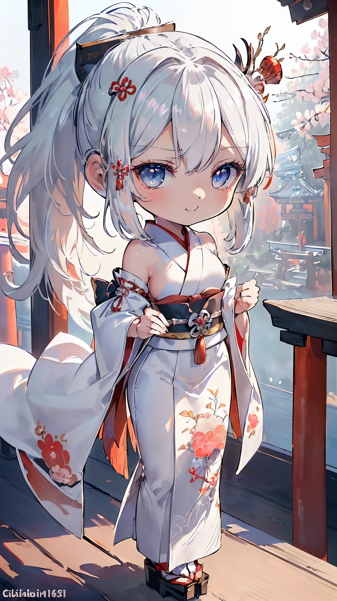 (((Masterpiece))), (((Highest quality))), ((Ultra-detailed)), ((Super fine illustration)), ((Ultra-fine painting)), (16K highest quality wallpaper:1.4), (Chibi:2.0), (Full body:1.6), HDR, (Highly detailed and delicate illustration style:1.8), Detailed skin texture, Detailed cloth texture, Extreme detailed description, (T-masterpiece), (Highly detailed face:1.2), (Highly detailed silver fox ears:1.2), (Highly detailed shiny ponytail:1.2), (Highly detailed beautiful eyes:1.2), (Highly detailed silver nine tails:1.2), Original, RAW photo, Professional, Intricate details, Super details, Direct light:1.6, (Perfect anatomy:1.4), (Highly detailed hands:1.2), (Highly detailed fingers:1.2), (Highly detailed fingertips:1.2), (27-years-old), Real, (Solo:1.6), ((A very beautiful and attractive silver fox fashion model who is a messenger of God and a traditional Japanese sacred shrine maiden:1.4)) BRAKE (Beautiful and adorable silver fox ears:1.6), (Highly detailed and delicate silver fox ears:1.4), (Beautiful and well-shaped big breasts:1.2), (Beautiful and well-shaped buttocks), (Beautiful and shiny silver ponytail:1.6), (Highly detailed and delicate silver ponytail:1.2), (Beautiful clear blue eyes that shine with great detail:1.6), (Highly detailed and delicate blue eyes:1.2), (Highly detailed face:1.4), (Smile:1.3), (Blush:1.2), (Looking at viewer:1.4), (Celebration:1.4), (Standing:1.2) BRAKE ((Brightly white and red colored) and divine traditional shrine maiden costumes at Japanese shrines:1.4), (Japanese divine traditional costume:1.2) BRAKE (Highly detailed and beautiful Ise Grand Shrine in Mie Prefecture just after noon in spring in the background:1.6), (Celebration:1.4), (Cherry blossoms:1.2), Highly beautiful in the sunny sky background just after noon:1.2 BRAKE