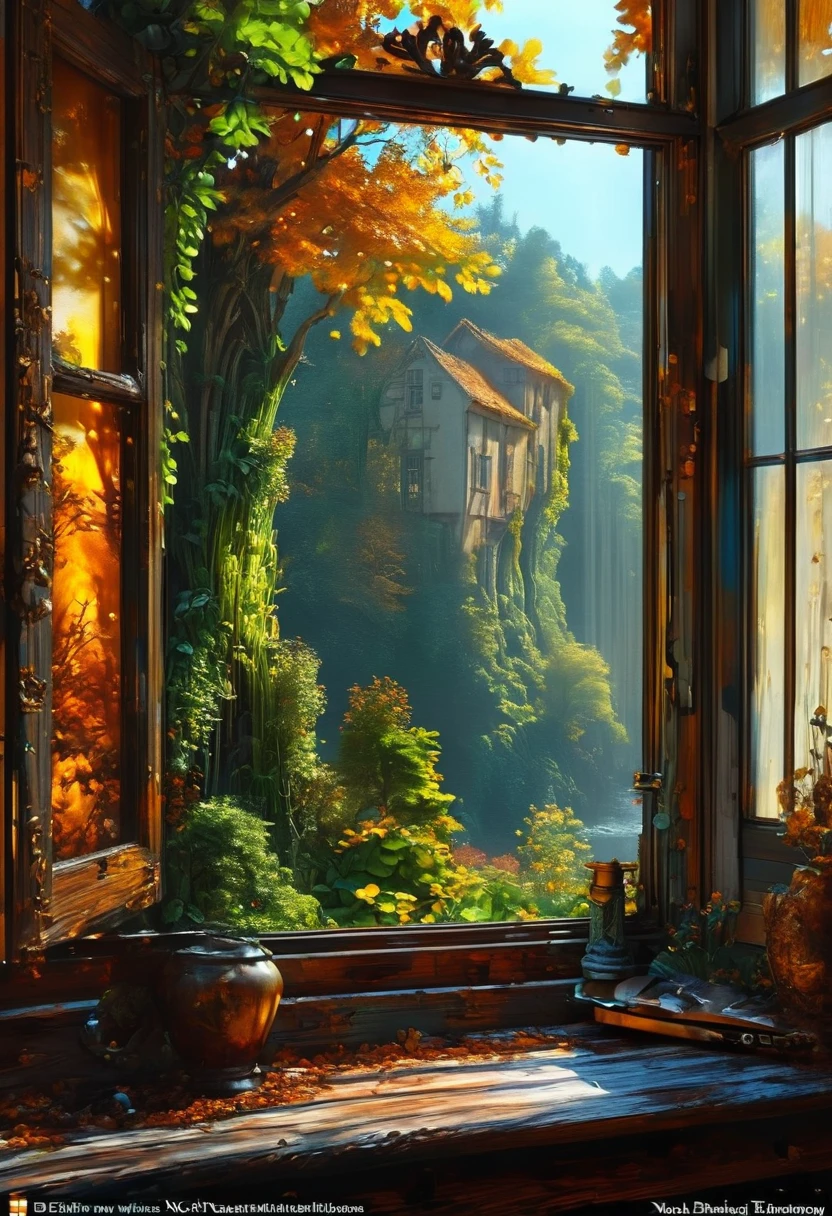 View Outside the Window, Beautiful, Fantasy, by Noah Bradley, best quality, masterpiece, very aesthetic, perfect composition, intricate details, ultra-detailed