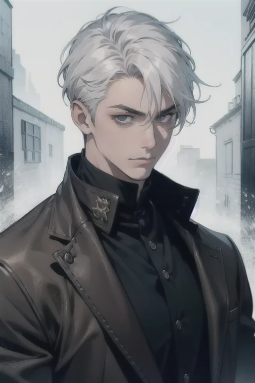 (masterpiece, best quality:1.2), (absurd res, high res, ultra detailed), 1 male, adult, handsome, tall muscular guy, broad shoulders, white hair, finely detailed eyes, portrait, looking at viewer, solo, half shot, detailed background, detailed face, (gothic), smirk, vampire, dark leather, high fantasy,, stealth, undercover, (crates in background), shadows, fog, (dutch angle), closed mouth,