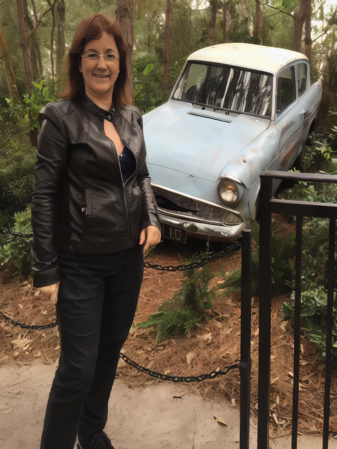 woman standing in front of a car in a wooded area, weta workshop, author, by Gwen Barnard, weta studios, inspired by Sydney Carline, photo taken in 2018, by Geoffrey Olsen, by Elizabeth Durack, weta studio, scenic full shot, jules, by Kathleen Scott, in front of a forest background, by Jason Benjamin, hi