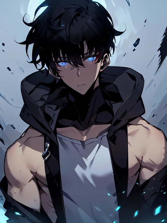 a boy, with black haired, blue eyes, wearing a gray turtle neck sweater on top of a black coat, While holding daggers on a rooftop