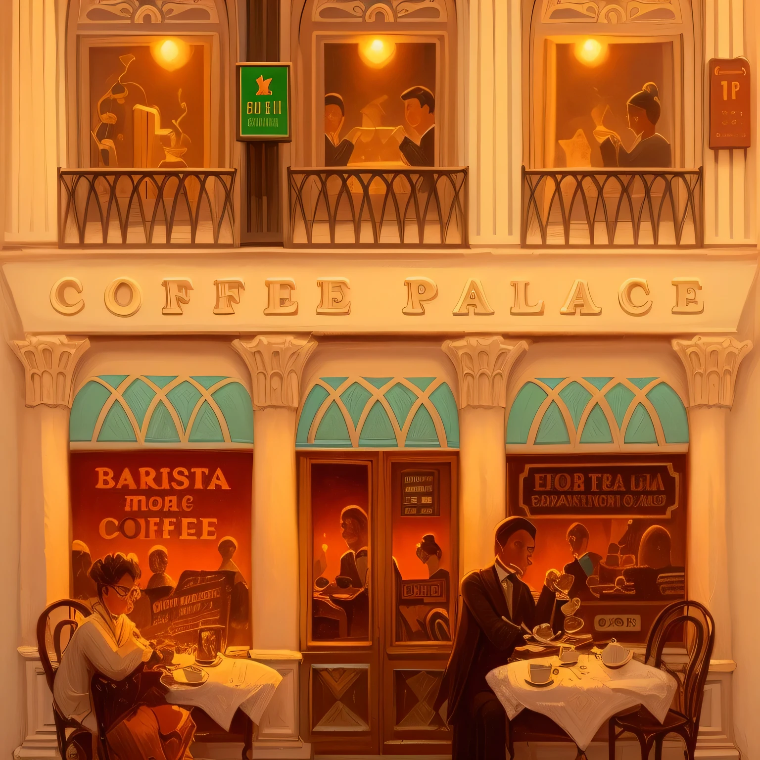 painting of a couple sitting at a table outside a coffee palace, by Ivan Generalić, inspired by Robert Ballagh, by Emiliano Ponzi, illustrated starbucks interior, by Nick Fudge, by Thomas Dalziel, sergey zabelin, by Béla Pállik, by Artur Tarnowski, by Tadeusz Pruszkówski