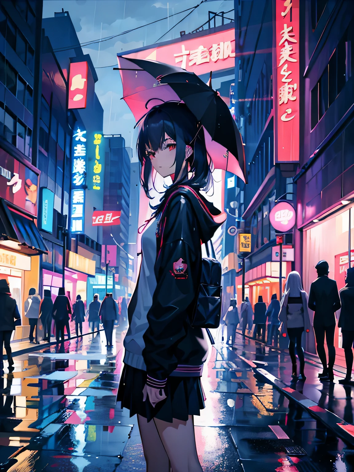 anime girl with umbrella in the rain in a city street, anime style 4 k, anime art wallpaper 4k, anime art wallpaper 4 k, 4k anime wallpaper, anime wallpaper 4 k, anime wallpaper 4k, anime art wallpaper 8 k, cyberpunk anime art, anime cyberpunk art, anime style. 8k, tokyo anime scene, cyberpunk anime girl