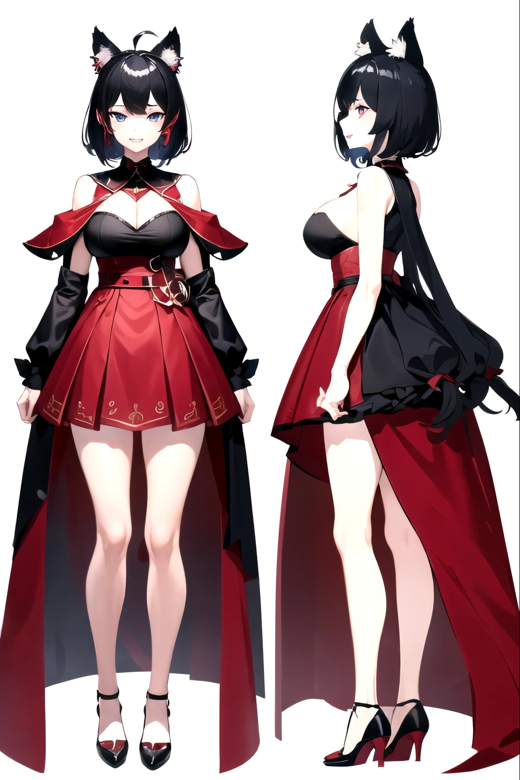 ((upright)), ((arm to the side)), looking at the viewer, simple background、white background, 1 girl, open your mouth, smile, Virtual YouTuber、with a girl、((highest quality, expensive_solve, clear_image)),(black hair), (black cat ears), (Ahoge), (ridiculously short hair), (wavy hair),Red earring color (blue eyes),、laughter、very big breasts、whole body、I can see the cleavage、Dressed in student uniform、Wearing a cape、Wine red and black outfit、character sheet,character reference sheet, character design sheet, ((View from the front, side view)) symmetrical elements of clothing,