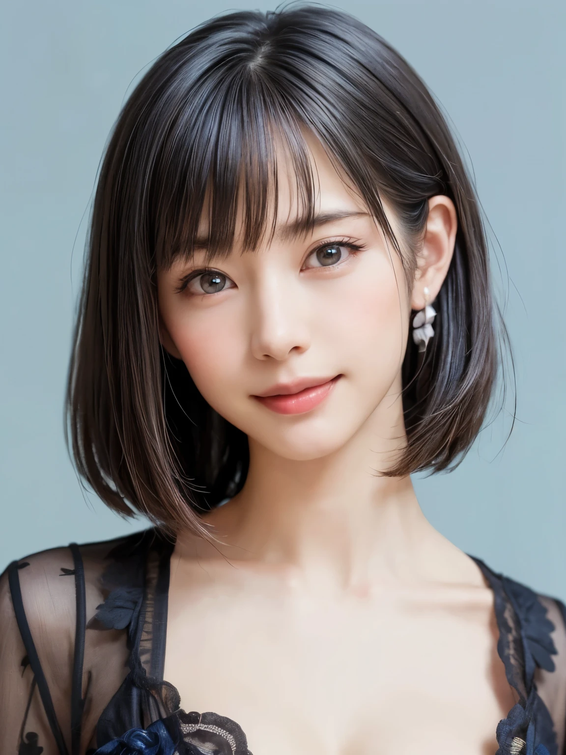(masterpiece, highest quality、software:1.8),1 Indian girl, alone, realistic, realistic, looking at the viewer, light brown eyes, Brunette short bob hair with highly detailed shiny hair, short bob hair:1.6、Whity, lips, bangs, closed mouth,happy smile、 Upper body、Big eyes、eyelash、((very simple dark blue background:2、Beautiful face in symmetry))、(((short hair with bangs、Big eyes、big and full chest、look at the audience、beautiful beauty、show me your ears、long neck、smile、please close your mouth and smile)))、ideal body proportions、{Huge|big|huge|mega} chest, cleavage