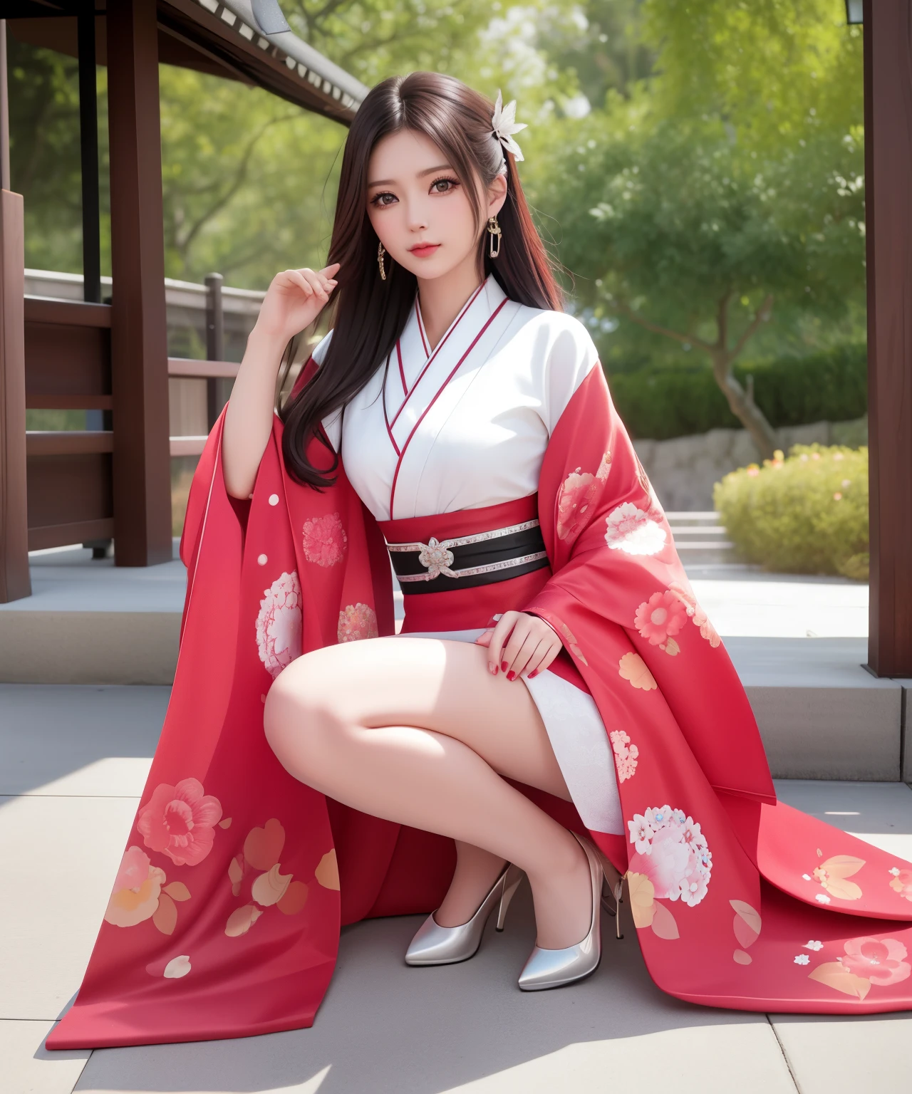 Generate an image of a 27-year-old woman with the following characteristics .
- Mide 1.75m de estatura
- Piel Blanca
- Tiene cuerpo de modelo latina, piernas tonificadas, cintura y pechos delgados.
- Japanese eyes - The clothes he wears look very elegant - Finally, tiene un auto de marca Nissan cuya placa BXX-384