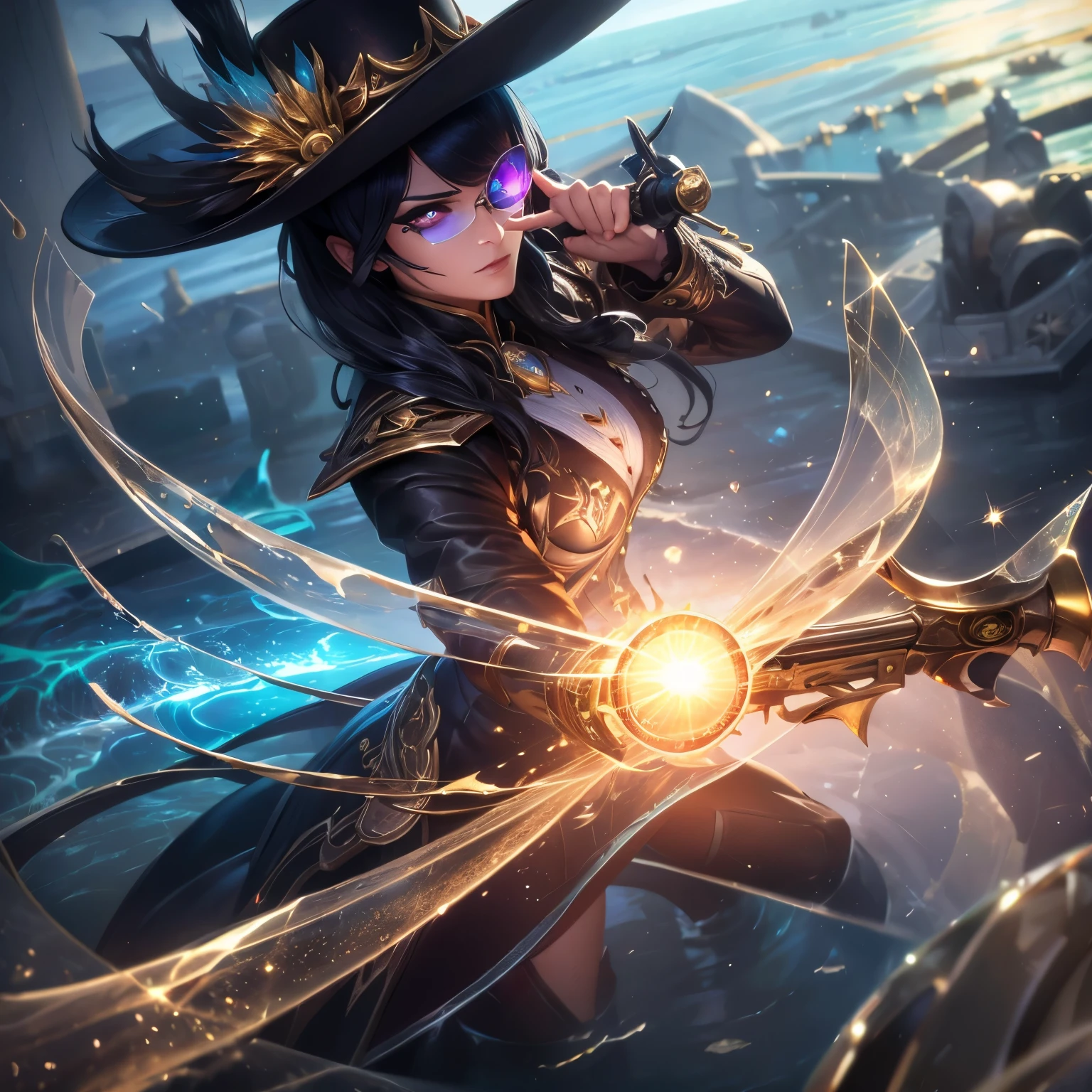 Broken glass, female, (sea monster:1.0), (Explosive magic;1.2), black hair with bangs, queen, clouds in the sky, photograph, (Fighting posture:1.2), league of Legends, black eyes,victorian hat, (Hold the gun.:1.2), (Broken glass:1.0), Highly detailed, Harbor port area, Masterpiece, (HDR)(Wallpaper)(movie light)(Sharp focus), Masterpiece, best quality, (best quality),run(Spectral magic:1.0),top view,reflection,Gold coat,One-eyed sunglasses,clear colored stone,crystal,fish farm