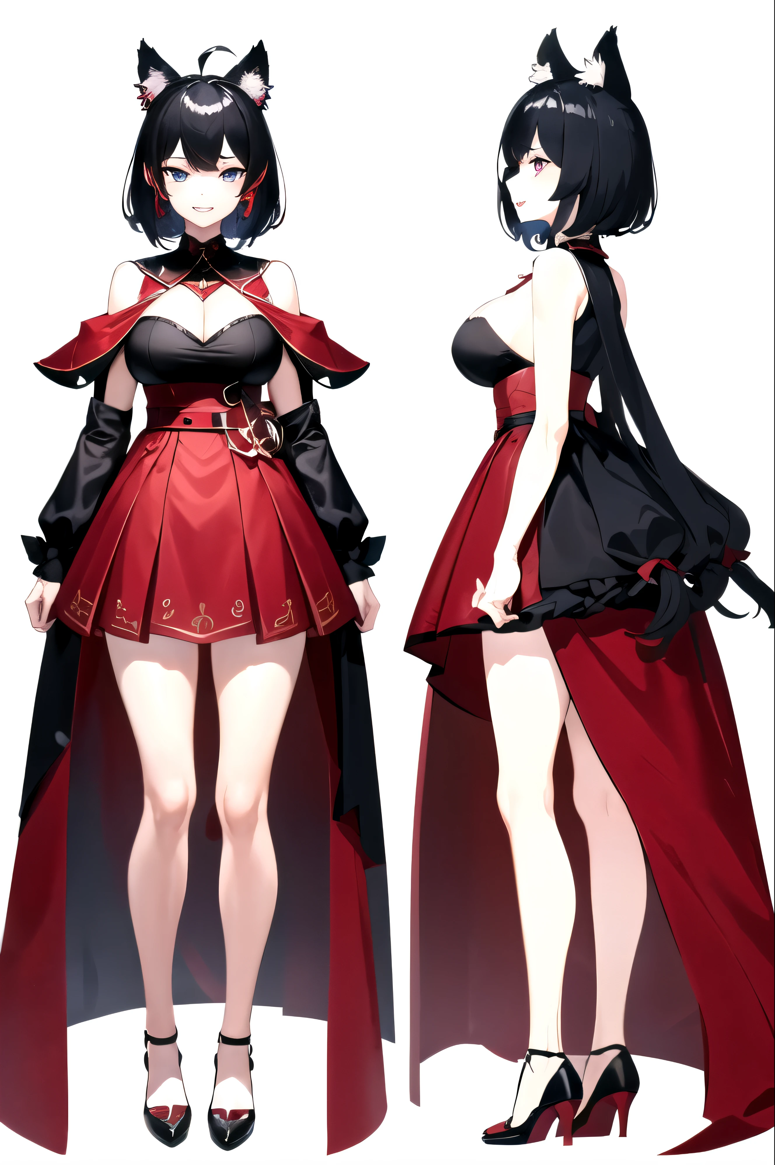 ((upright)), ((arm to the side)), looking at the viewer, simple background、white background, 1 girl, open your mouth, smile, Virtual YouTuber、with a girl、((highest quality, expensive_solve, clear_image)),(black hair), (black cat ears), (Ahoge), (ridiculously short hair), (wavy hair),Red earring color (blue eyes),、laughter、very big breasts、whole body、I can see the cleavage、Dressed in student uniform、Wearing a cape、Wine red and black outfit、character sheet,character reference sheet, character design sheet, ((View from the front, side view)) symmetrical elements of clothing,