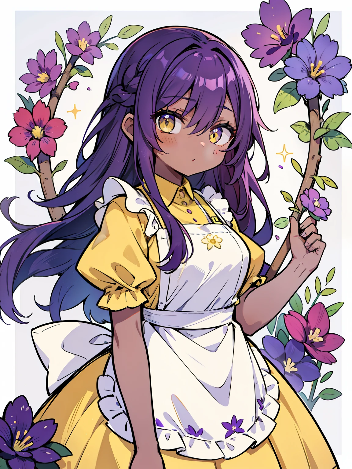 young woman, dark skin, purple hair, square, bangs cover the eye, purple flowers in hair, Yellow eyes, a green dress, dress with yellow elements, white apron
