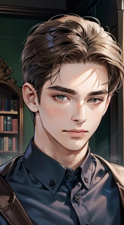 masterpiece, best quality, realistic, 1man, mature male, quiet and charming young man, 25years old, a smirk, closed mouth, portrait, extremely detailed face, a little distant, ((dark eyes)), ((short-right-swept dark brown hair)), [thick eyebrows], bookstore ((blue shirt)), handsome male