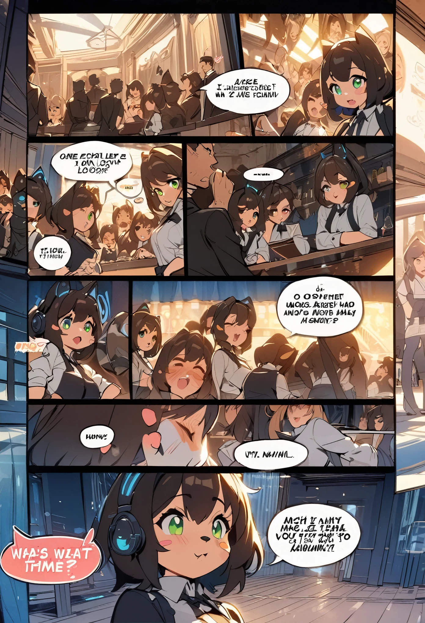 top quality, best quality, highres, masterpiece, super high resolution, detailed background, Casual reutaurant interior, part-time job, waiter, Butler, 6+boys, 6+girls, absurdres(highly detailed beautiful face and eyes)perfect anatomy, good lighting, cinematic shadow(kemono, furry anthro)assorted expressions, assorted poses, assorted angles, full body, upper shot, dynamic angle(girls comic-like panel layouts, speech balloon, English text, Hand-drawn sound effects stickers used in girls comic),