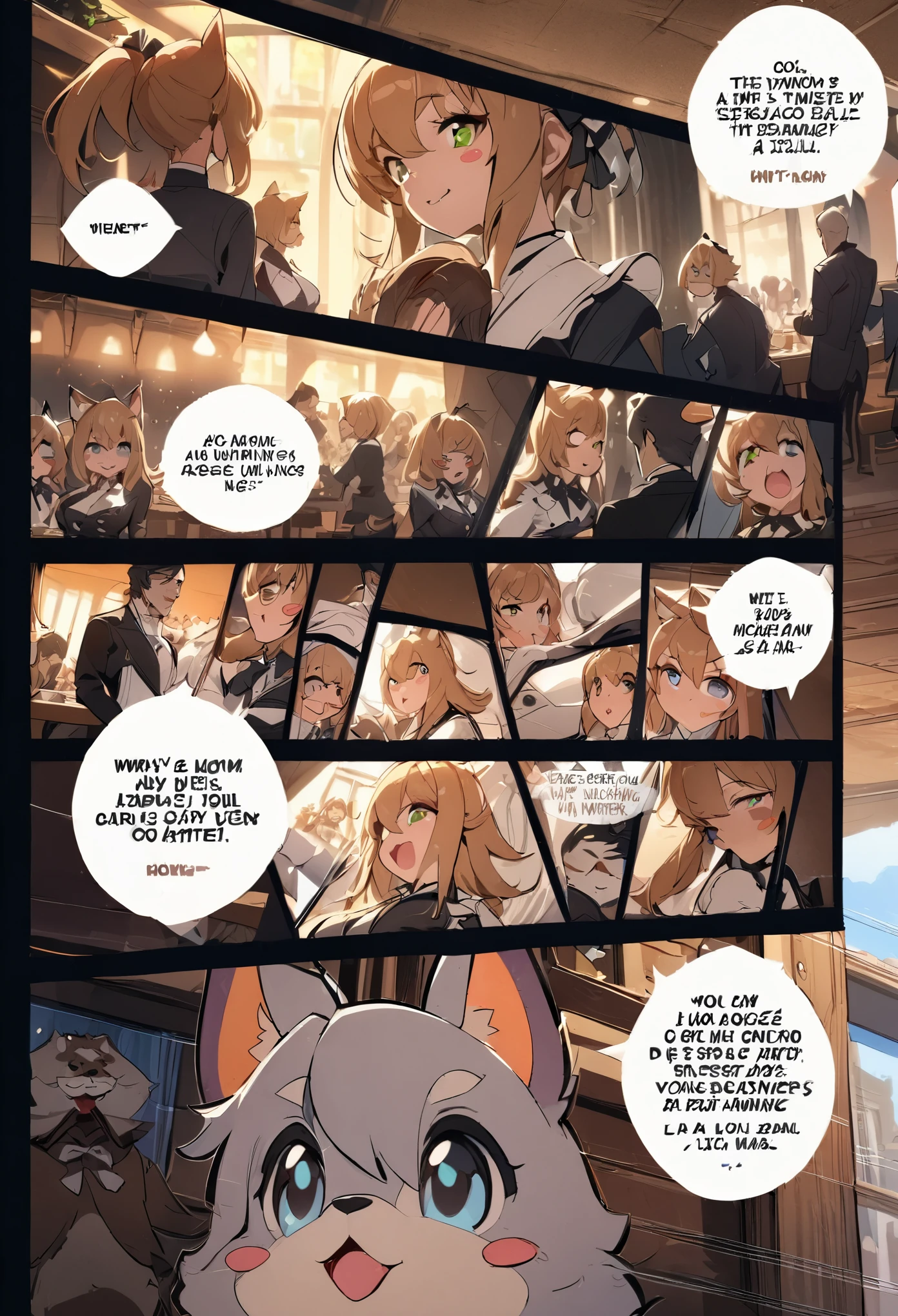 top quality, best quality, highres, masterpiece, super high resolution, detailed background, Casual reutaurant interior, part-time job, waiter, Butler, 6+boys, 6+girls, absurdres(highly detailed beautiful face and eyes)perfect anatomy, good lighting, cinematic shadow(kemono, furry anthro)assorted expressions, assorted poses, assorted angles, full body, upper shot, dynamic angle(girls comic-like panel layouts, speech balloon, English text, Hand-drawn sound effects stickers used in girls comic),