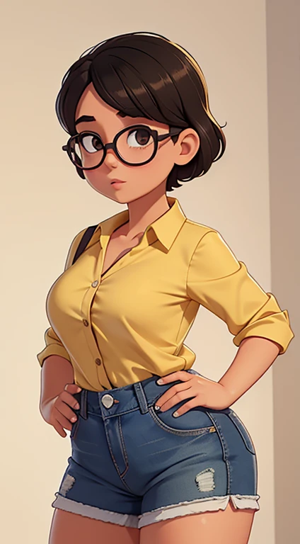 1 chica, pechos grandes,escote, grandes caderas curvas, Camisa corta, Dormitorios, gafas,Con pelo negro corto,joven,denim shorts,descalzo