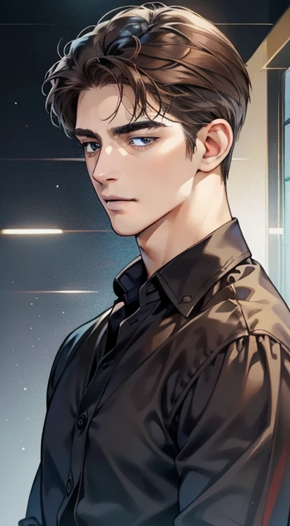 masterpiece, best quality, realistic, 1man, mature male, quiet and charming young man, 25years old, a smirk, closed mouth, portrait, extremely detailed face, a little distant, ((dark eyes)), ((short-right-swept dark brown hair)), [thick eyebrows], bookstore ((blue shirt)), handsome male