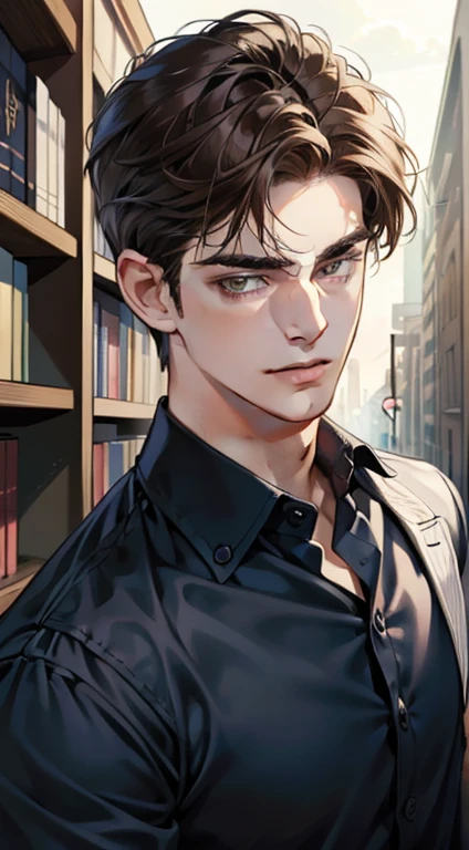 masterpiece, best quality, realistic, 1man, mature male, quiet and charming young man, 25years old, a smirk, closed mouth, portrait, extremely detailed face, a little distant, ((dark eyes)), ((short-right-swept dark brown hair)), [thick eyebrows], bookstore ((blue shirt)), handsome male