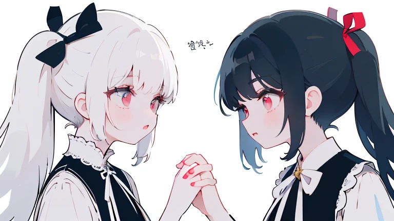 2 people、A good friend、girl、Girls Love、face to face、white hair、Long half pigtails、long hair、red eyes、red eyes、black dress、black ribbon、angelic beauty、beautiful、black hair、not tied、long hair、blue eyes、white dress、white ribbon、Flawless、Flawless手、hold hands、2 peopleで手を合わせる
