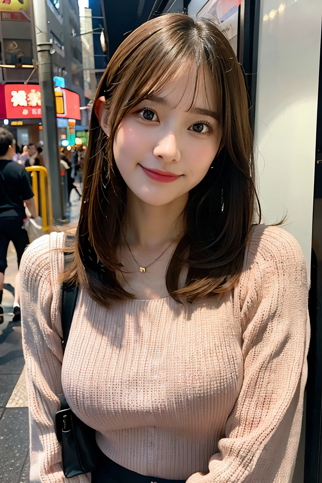 masutepiece, Best Quality, Illustration, Ultra-detailed, finely detail, hight resolution, 8K Wallpaper, Perfect dynamic composition, Beautiful detailed eyes, doress,Medium Hair, mid-chest, Natural Color Lip, Random and sexy poses,Smile,Street Walk、20 years girl、Colossal 、Too much exposure、Knitted tops、hongkong、getting on a crowded train