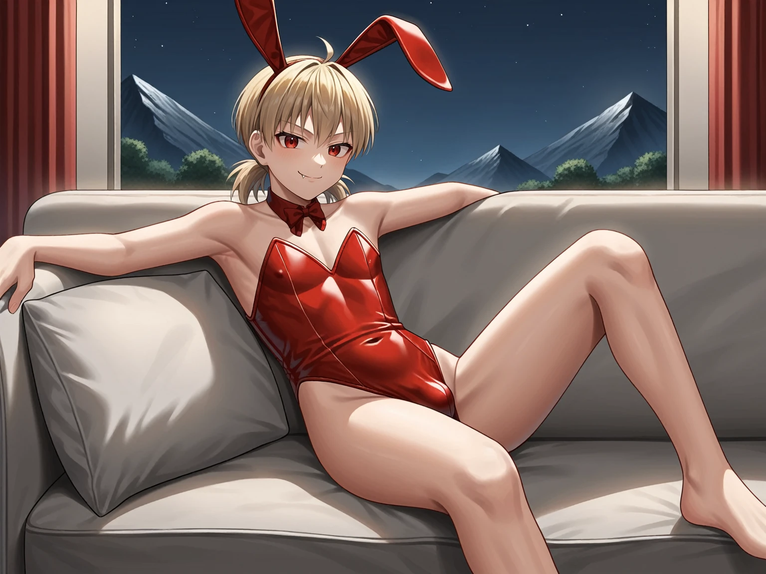 source_anime,score_9,score_8_up, score_7_up, 1boy,solo,outdoors, hellsing, seras, vampire, fangs, face closeup, face focus , couch, indoors, seductive, face closeup, ((closed mouth)), smirk, thighs, long shot, balcony, mountain and riverbackground, fancy, white couch, laying, leaning, front view, exposed penis, latex bunny suit, fale bunny ears, genderswap, genderbend, bulge, genderbend ftm, ftm, short hair, femboy, shota, young, very young, aged down, lole, tiny, night time, smug, smirk, night, after dark,  cannopy curtain, curtain, fancy cannopy curtian, medium penis, twintails, short twintails, low twintails, red eyes, vampire eyes, red latex, penis erection, bulge erection, see through penis