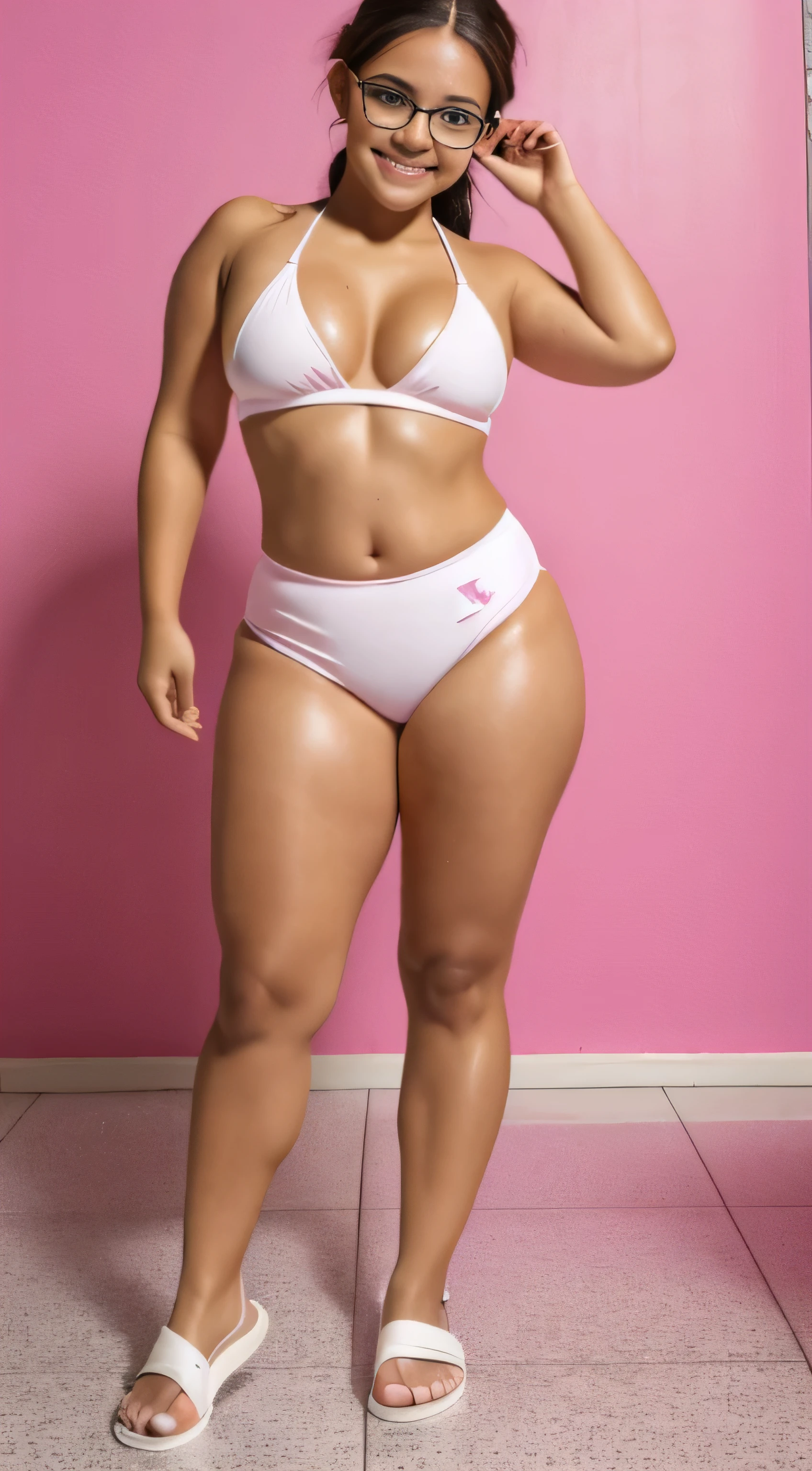 full body, chubby model, in a shooting set, wearing tight gym yoga shorts, white sandals, with wet hair, and pink glasses, posing for the camera smiling, red screen set, spreading legs in floor, posing in the floor, shows both feet, wearing a bikini, small breast, thick legs, big ass, small g string