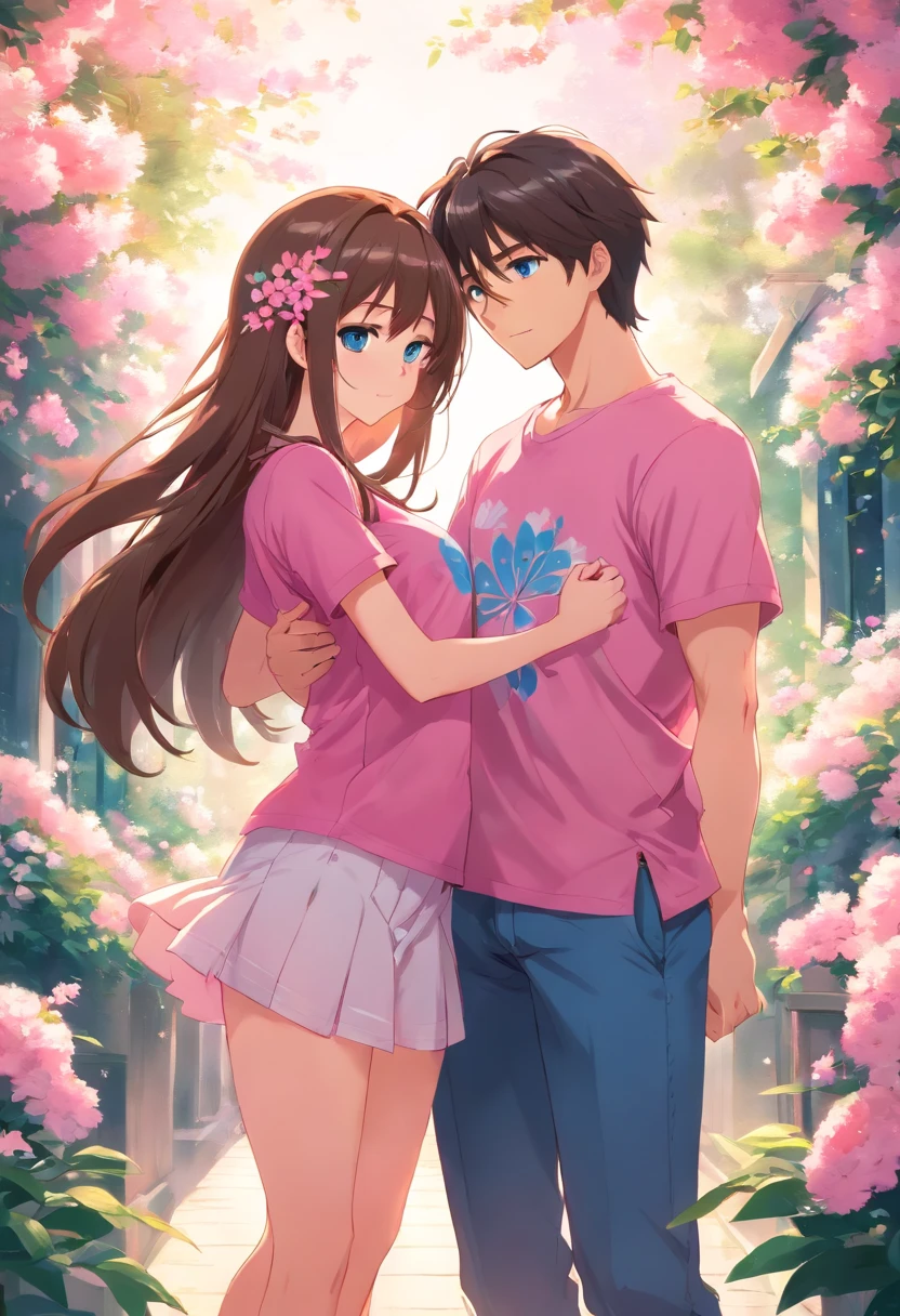 beautiful student with huge breasts, brown long hair, blue eyes, with romantic style clothes (pink t-shirt with beautiful flowers), looks sexy, (Stands hugging her boyfriend) (full length picture)