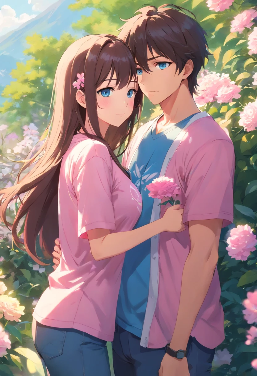 beautiful student with huge breasts, brown long hair, blue eyes, with romantic style clothes (pink t-shirt with beautiful flowers), looks sexy, (Stands hugging her boyfriend) (full length picture)