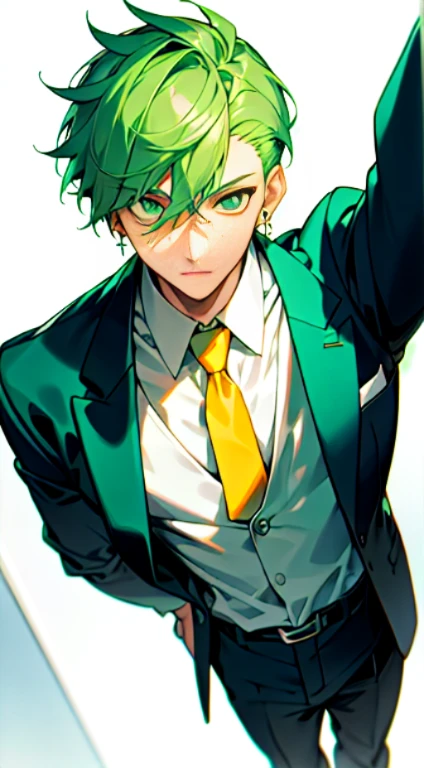 Solo Boy, Close Up, Determined Eyes, Business Suit, White Shirt, Tie, Pants, Short Green Hair, Formal Attire, (Light Facial Features, Detailed Skin Texture, Beautiful Face), White Background, Earrings, Yellow Skin, Standing, Masterpiece, Top Quality, Best Quality