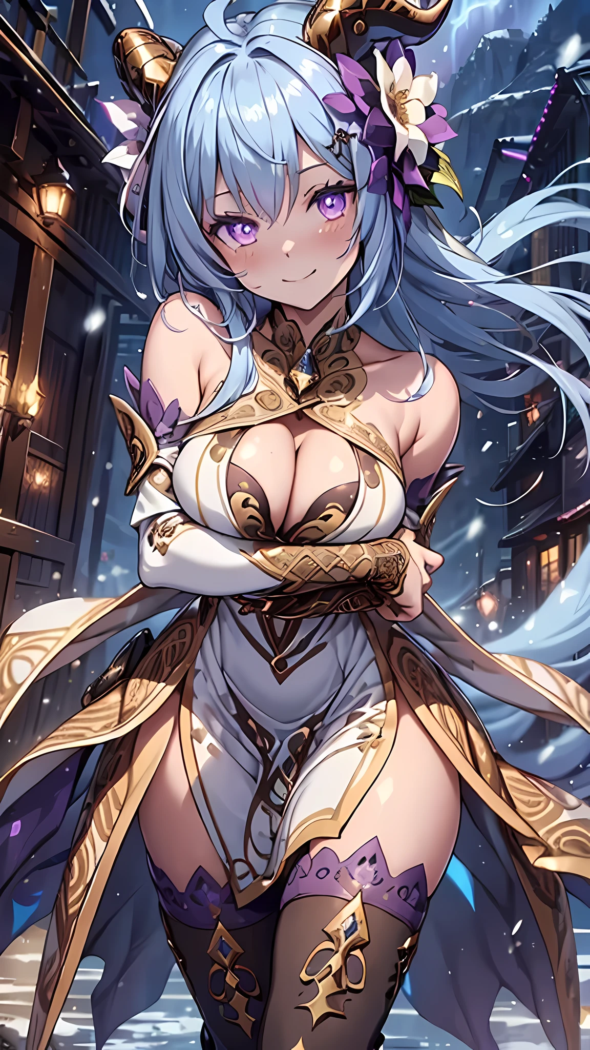 (masterpiece), best quality, expressive eyes, perfect face,(((1 girl))),ganyudef,twin horns,((intricate luxury dress:1.5)),(huge breasts:1.5),(hair flower),winter,,dutch angle,(thighigh boots),light blue hair,cleavage,looking at viewer,smiles, eyeshadows, eye liner,glistening eyes, hyper detailed eyes, intricate eyes, beautiful eye, ((glowing purple pupils))、smilling face,standing,seductive pose,garterbelt,aurora borelis,cowboy shot,snow background,(body focus)
