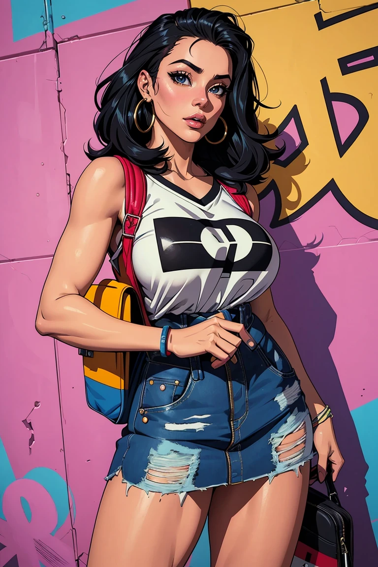 (anime de los 80), hembra madura,alto, cuerpo sexy, (NSFW:0.8), escote, ojos detallados & rostro,Estilos de cabello, hermoso vestido, urban configuration, pared de graffiti, colorido arte callejero, auriculares, Moda street style, postura segura, brillo de sol, Luces de la ciudad, pelo largo, mochila, youthful energy, atuendo casual, Arte digital, Contemporary vibes