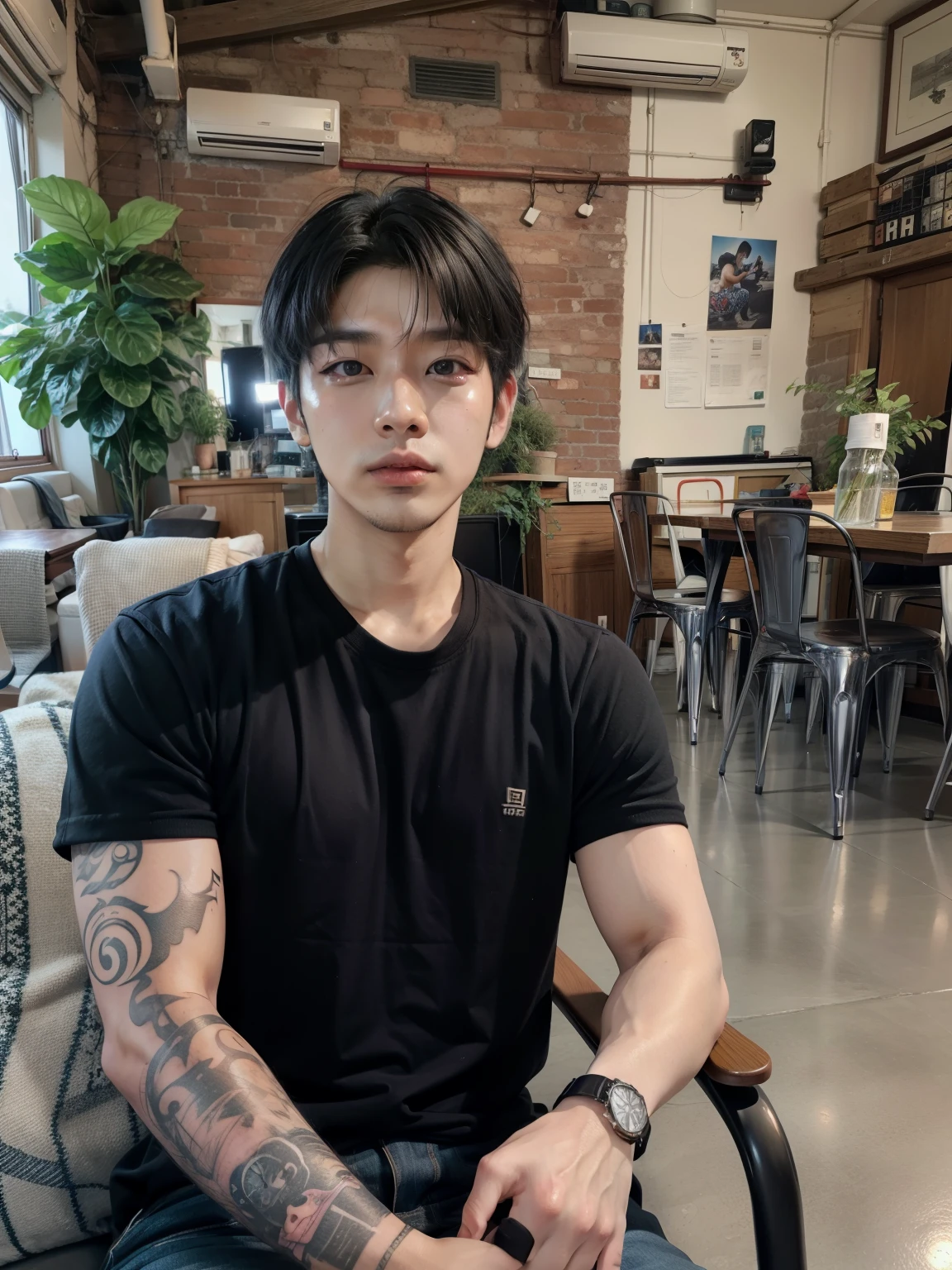 hay un hombre sentado en una silla con un tatuaje en el brazo, quien es siwoo, kim taejin, hombre surcoreano, hyung tae, 27 years old, Seseon Yoon, inspirado en Joong Keun Lee, jinyoung shin, hyung tae kim, artista coreano, Jaeyeon Nam, he is about 3 0 years old