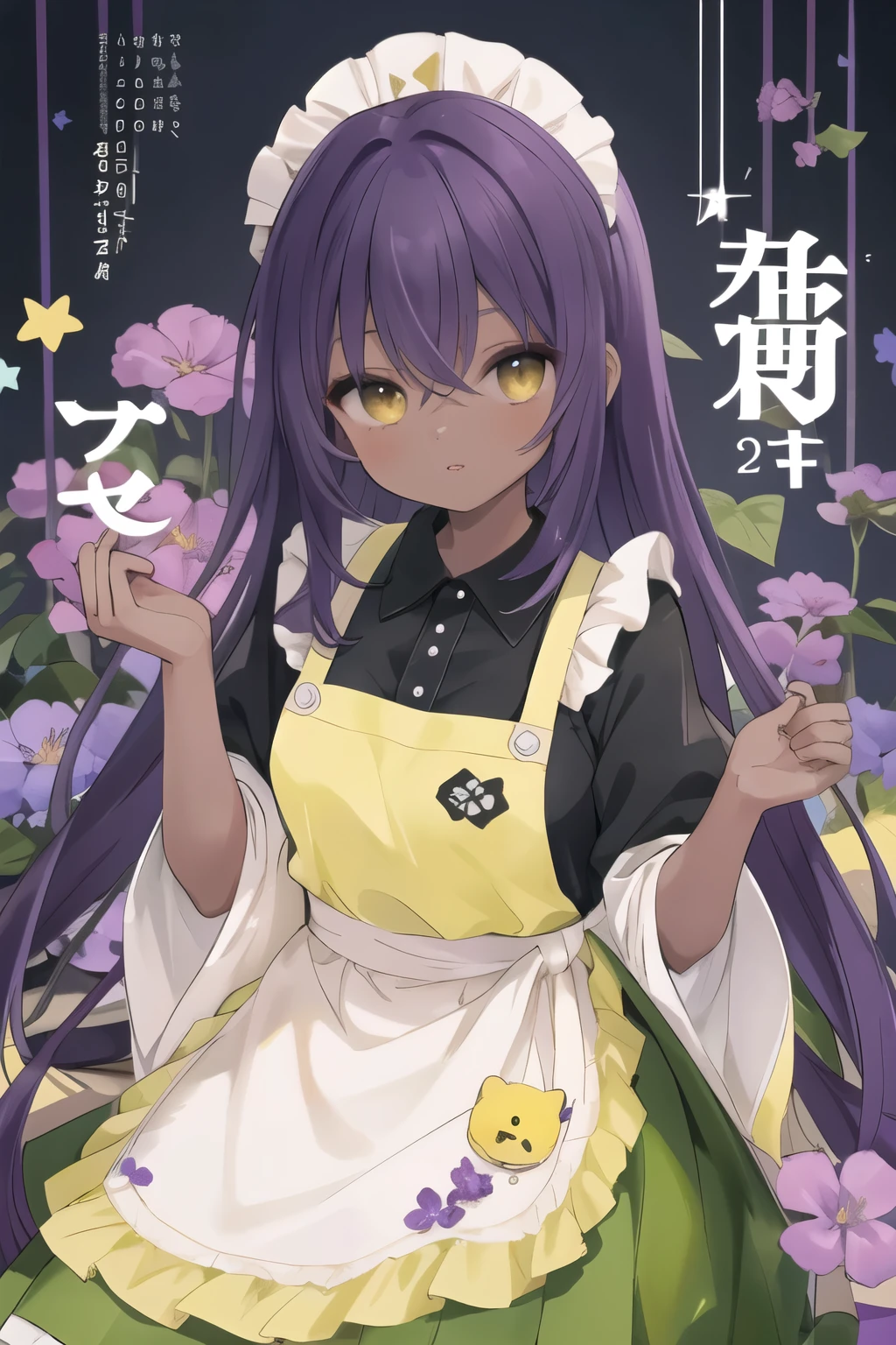young woman, dark skin, purple hair, square, bangs cover the eye, purple flowers in hair, Yellow eyes, a green dress, dress with yellow elements, white apron