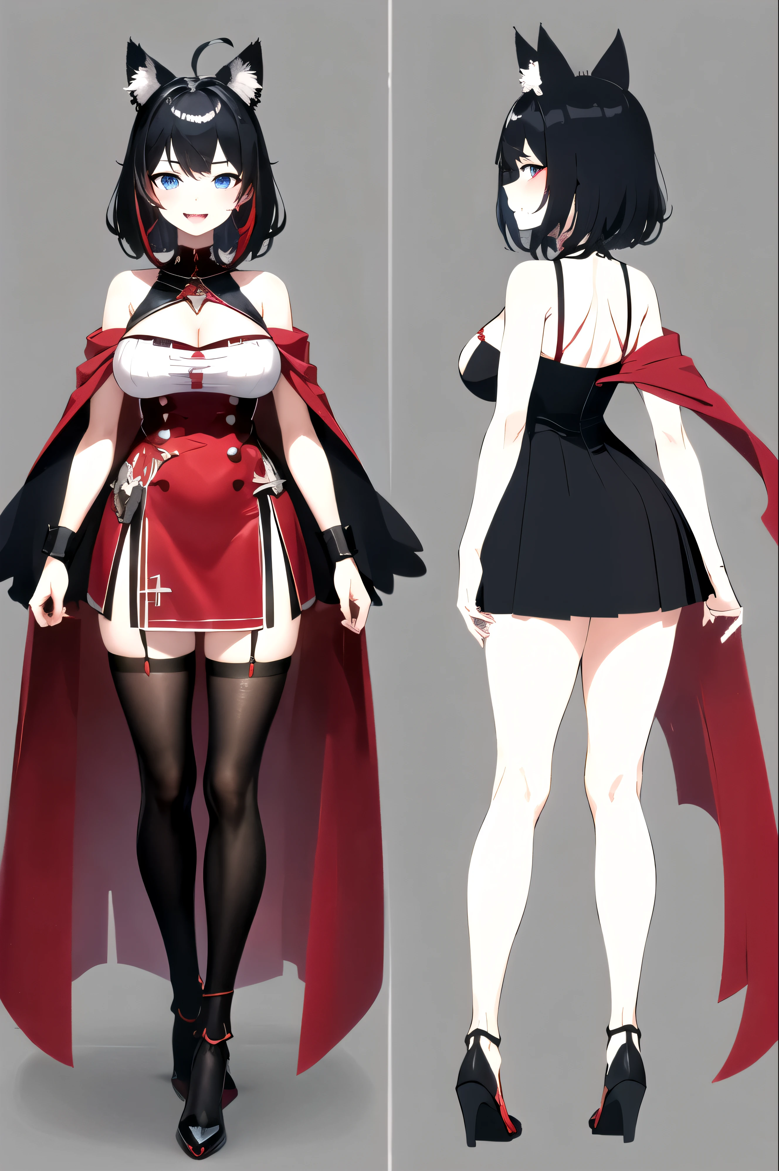 ((upright)), ((arm to the side)), looking at the viewer, simple background、white background, 1 girl, open your mouth, smile, Virtual YouTuber、with a girl、((highest quality, expensive_solve, clear_image)),(black hair), (black cat ears), (Ahoge), (ridiculously short hair), (wavy hair),Red earring color (blue eyes),、laughter、very big breasts、whole body、I can see the cleavage、Dressed in student uniform、Wearing a cape、Wine red and black outfit、character sheet,character reference sheet, character design sheet, ((View from the front, side view)) symmetrical elements of clothing,