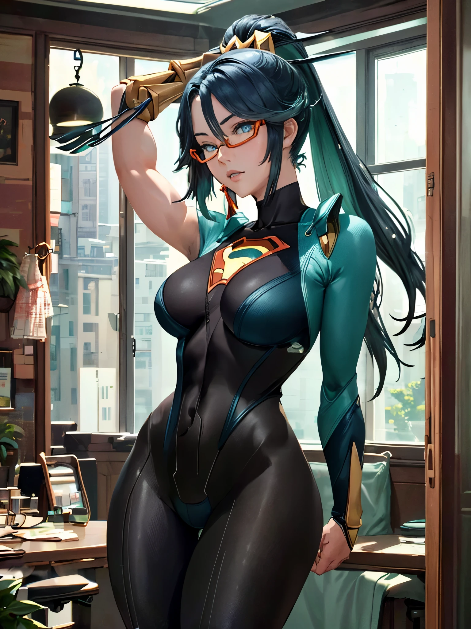 (masterpiece, best quality), 1girl, xianyun, glasses,ponytail, red-framed eyewear, under-rim eyewear,ponytail,
BREAK ((bodysuit:1.5), skin tight, superhero:1.2), BREAK ((arms behind back:1.5)),
BREAK ((top quality, 8k, masterpiece: 1.3, ultra hd, high quality, best quality, high definition, realism)), sharp focus: 1.5, Beautiful woman with Slim body, (perfect hands, perfect anatomy),