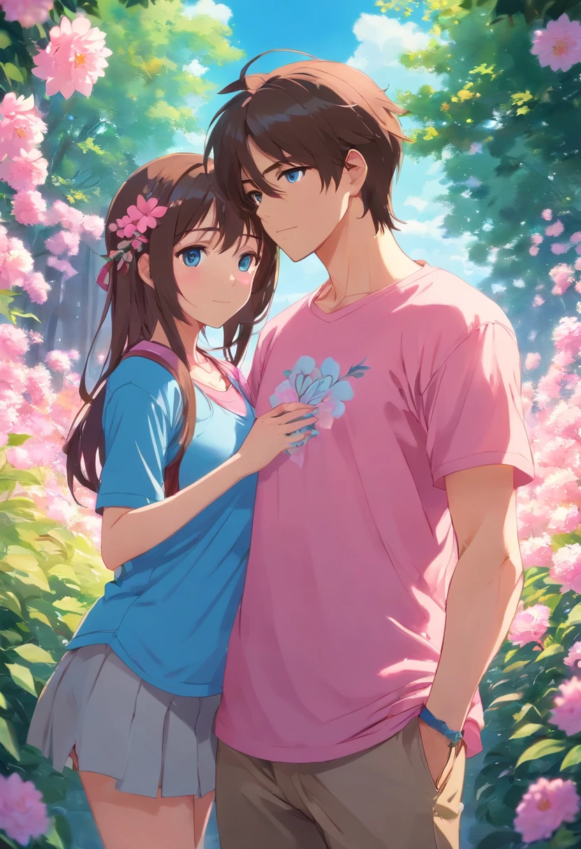beautiful student with huge breasts, brown long hair, blue eyes, with romantic style clothes (pink t-shirt with beautiful flowers), looks sexy, (Stands hugging her boyfriend) (full length picture) guy holding a beautiful flower in his hands